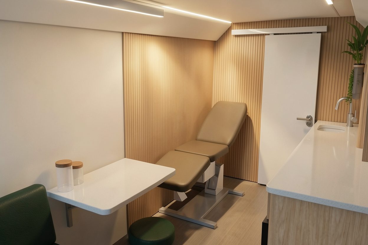 Inside a Marvelous CarePod: an exam chair, a sink and a counter