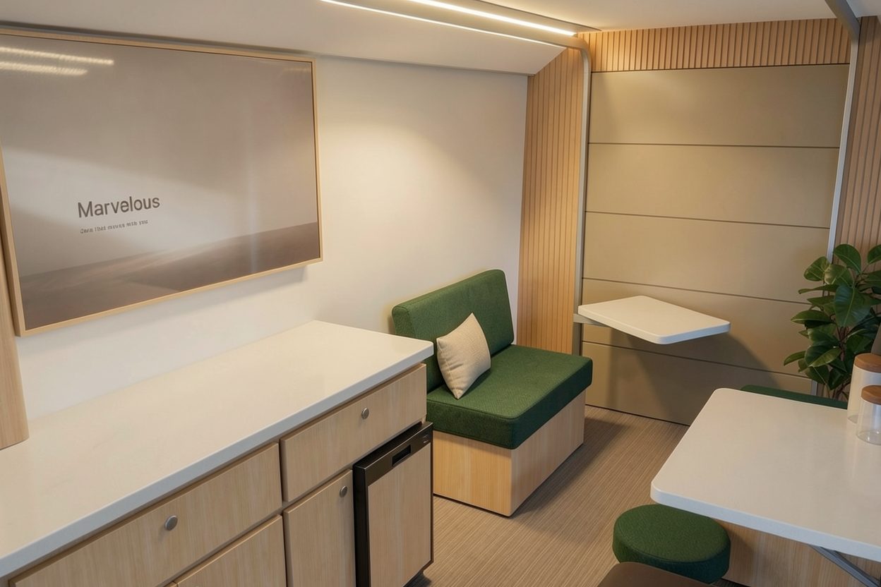 Inside a CarePod, showing a wall monitor above the counter and a seating bench