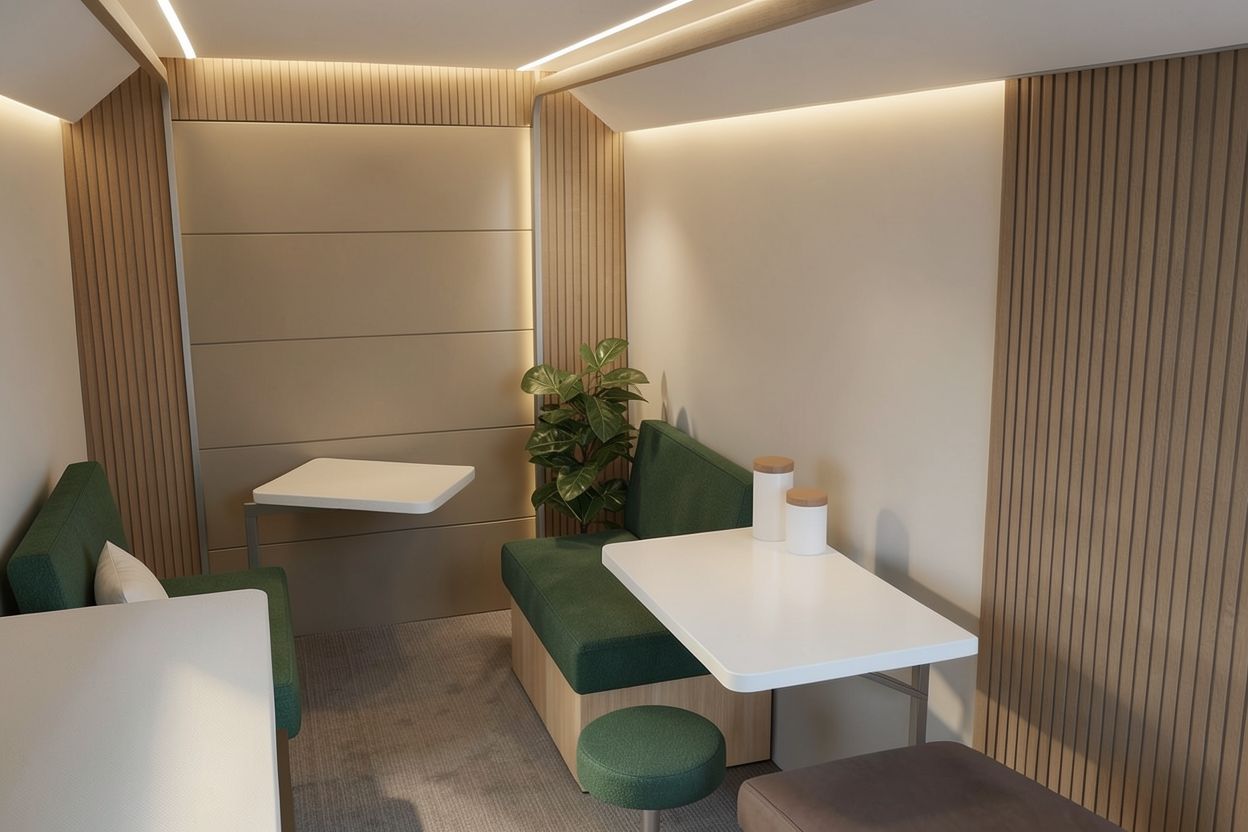 The seating area inside a CarePod, with a bench and a table